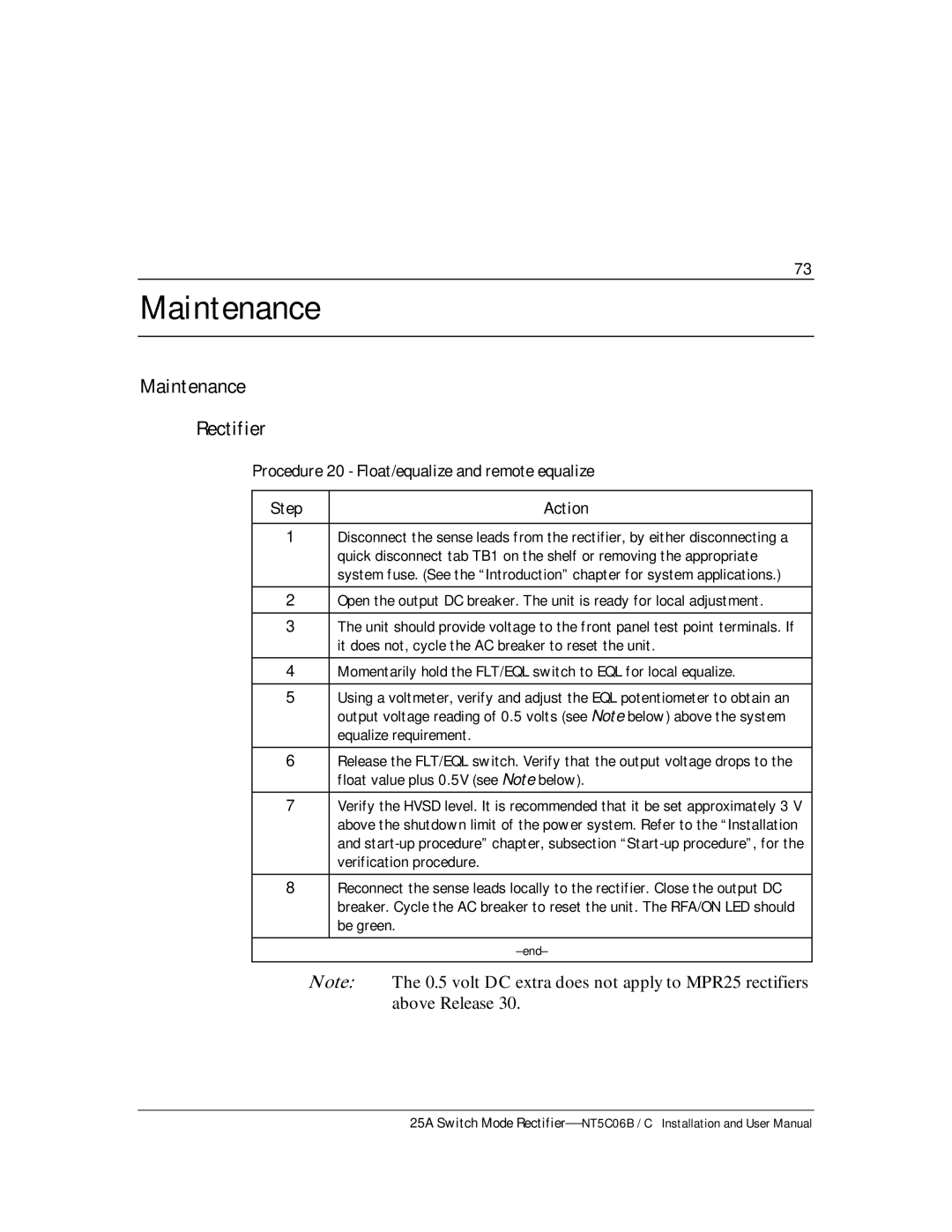Emerson MPR25, MPR15 Series Maintenance Rectifier, Procedure 20 Float/equalize and remote equalize Step Action 