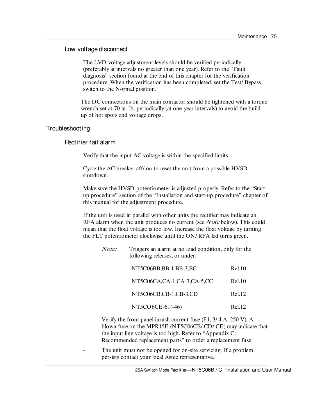 Emerson MPR25, MPR15 Series user manual Low voltage disconnect, Troubleshooting Rectifier fail alarm 