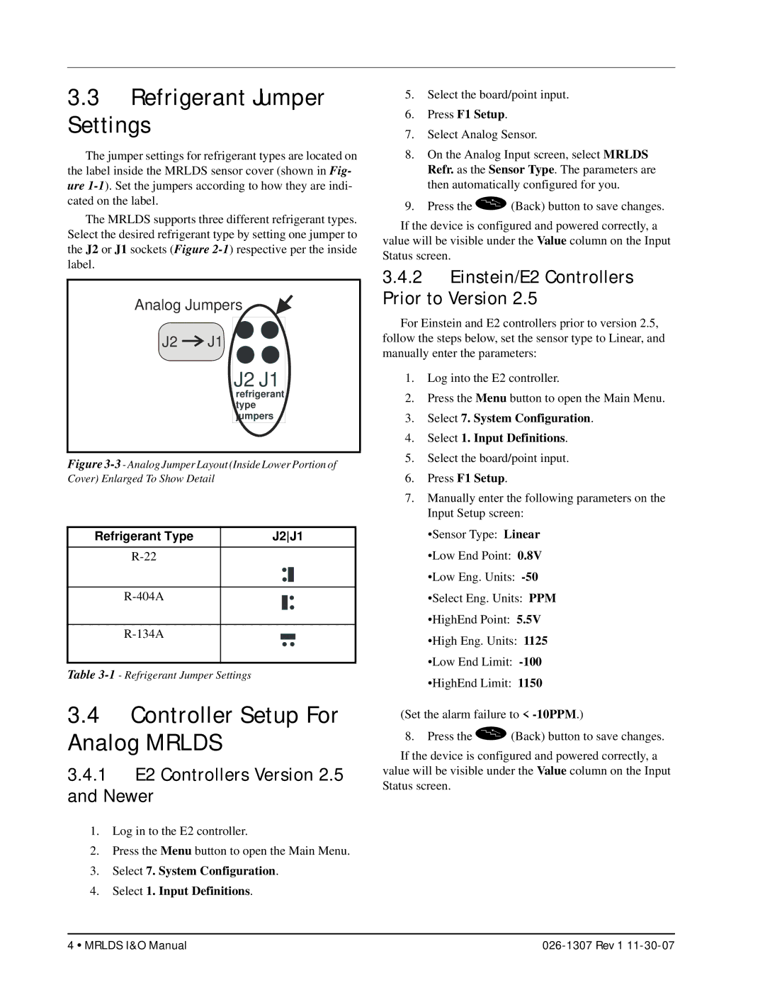 Emerson MRLDS Refrigerant Jumper Settings, Controller Setup For Analog Mrlds, 1 E2 Controllers Version 2.5 and Newer 