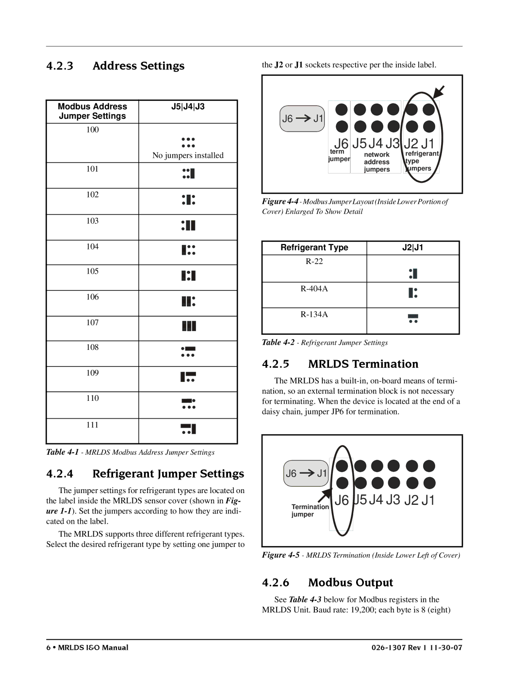 Emerson MRLDS operation manual Address Settings, Mrlds Termination, Refrigerant Jumper Settings, Modbus Output 