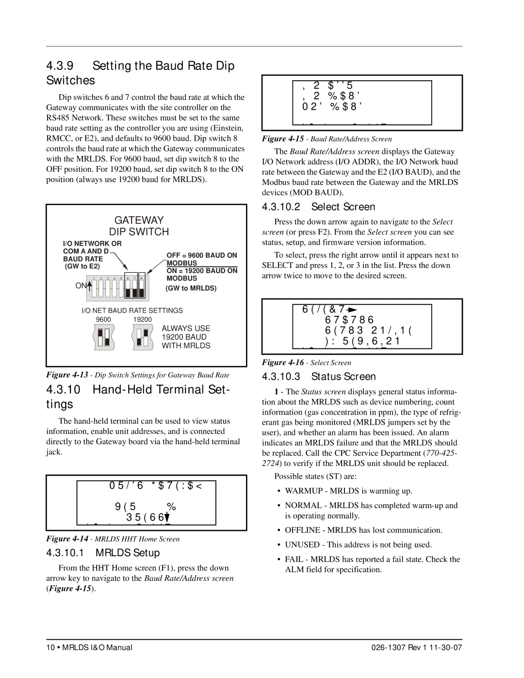 Emerson MRLDS Setting the Baud Rate Dip Switches, Hand-Held Terminal Set Tings, Mrlds Setup, Select Screen, Status Screen 