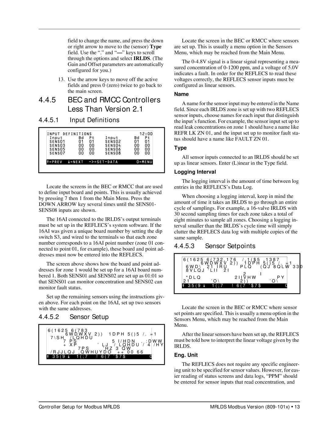 Emerson MRLDS operation manual Input Definitions, Sensor Setup, Sensor Setpoints 