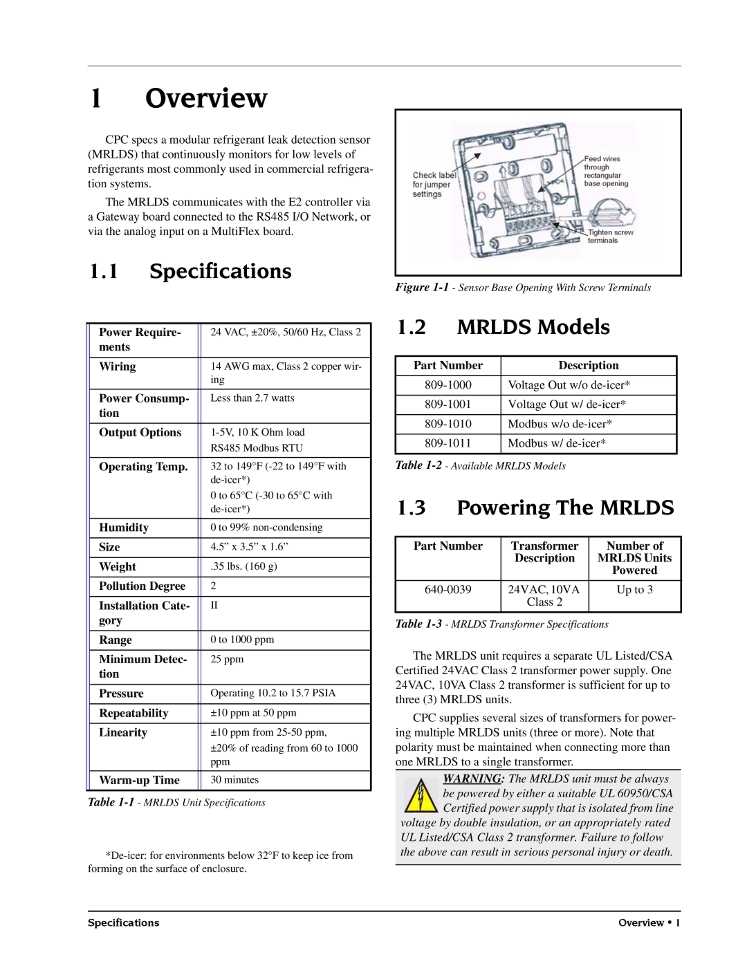 Emerson MRLDS operation manual Specifications, Mrlds Models, Powering The Mrlds 