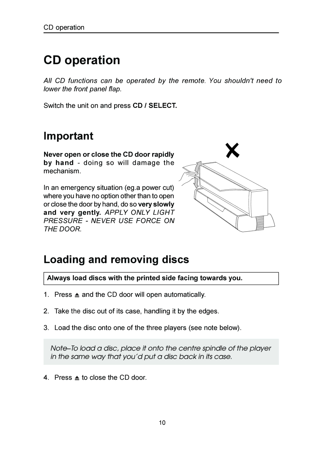 Emerson MS3100 owner manual CD operation, Loading and removing discs 