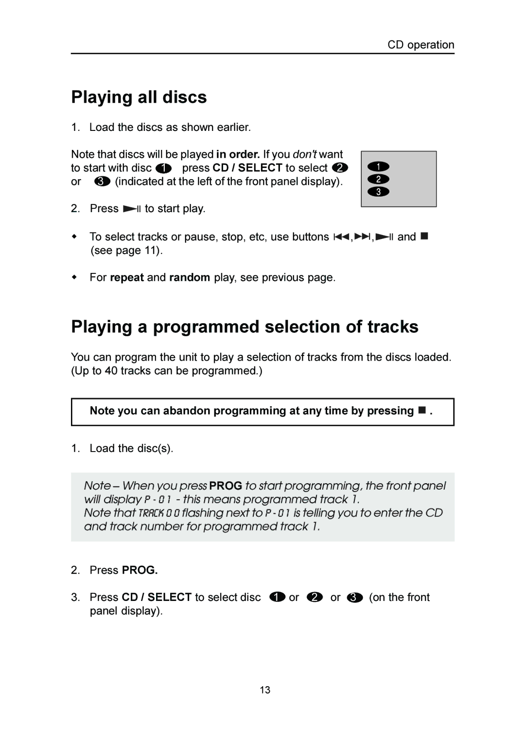 Emerson MS3100 owner manual Playing all discs, Playing a programmed selection of tracks 