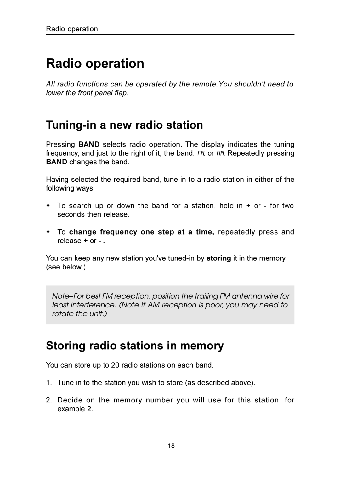 Emerson MS3100 owner manual Radio operation, Tuning-in a new radio station, Storing radio stations in memory 