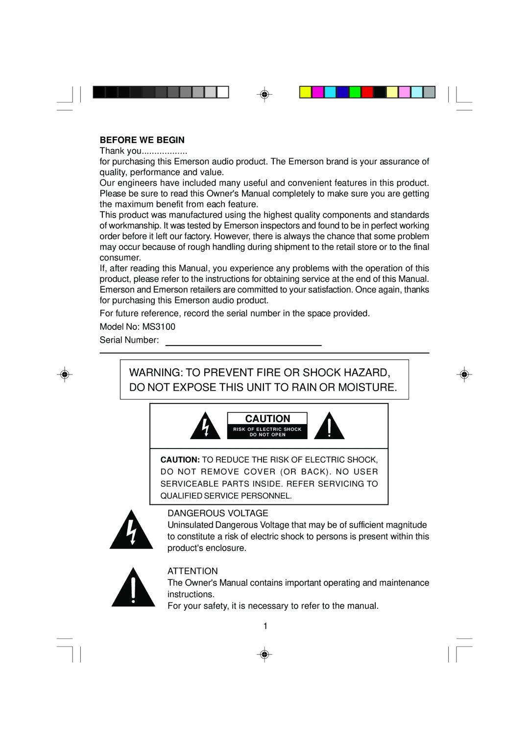 Emerson MS3100 owner manual Before WE Begin Thank you 