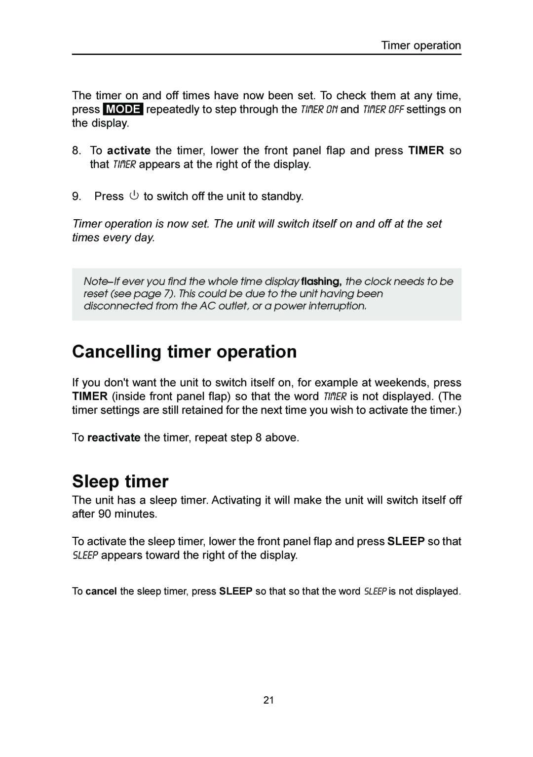 Emerson MS3100 owner manual Cancelling timer operation, Sleep timer 