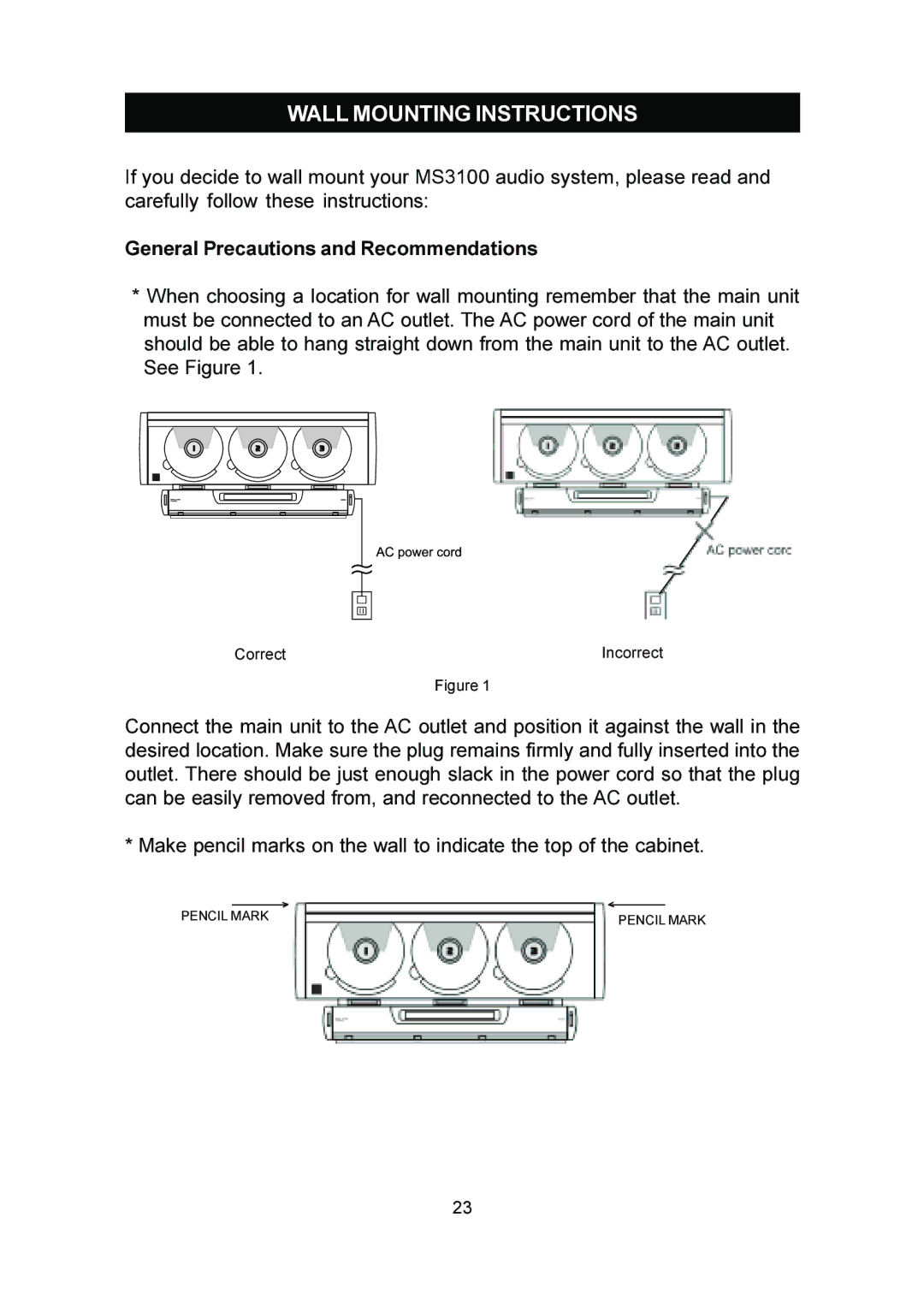 Emerson MS3100 owner manual Wall Mounting Instructions 