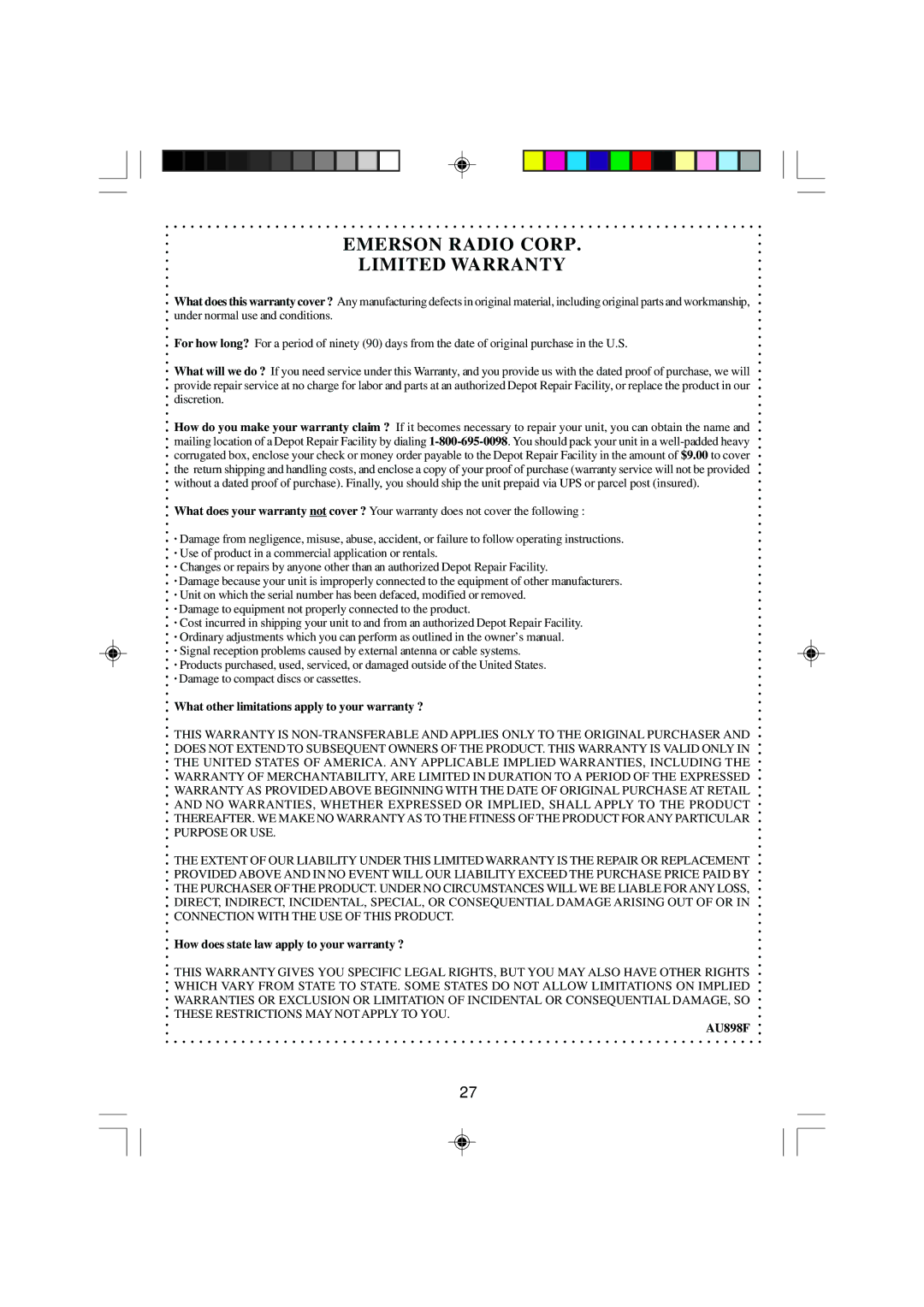 Emerson MS3100 owner manual Emerson Radio Corp Limited Warranty 