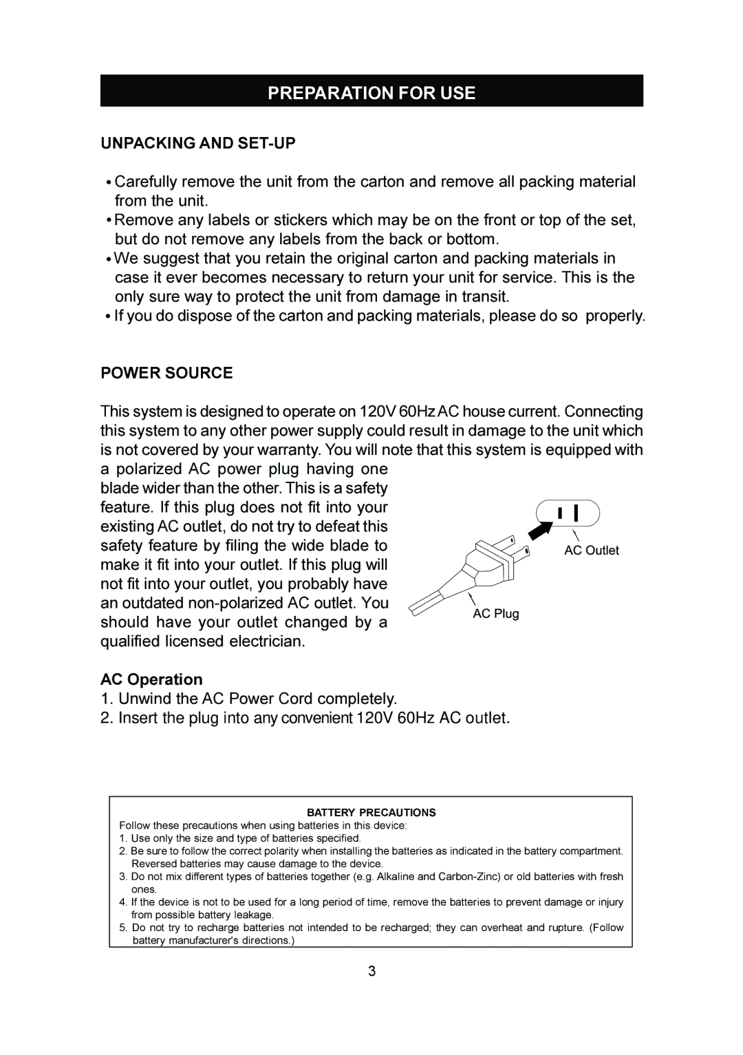 Emerson MS3100 owner manual Preparation for USE 