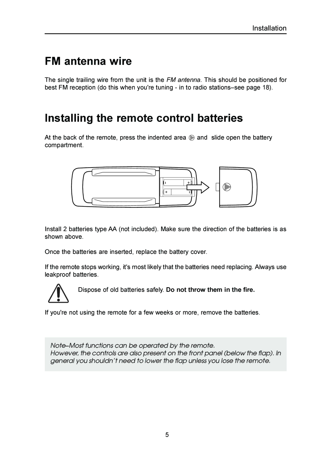 Emerson MS3100 owner manual FM antenna wire, Installing the remote control batteries 