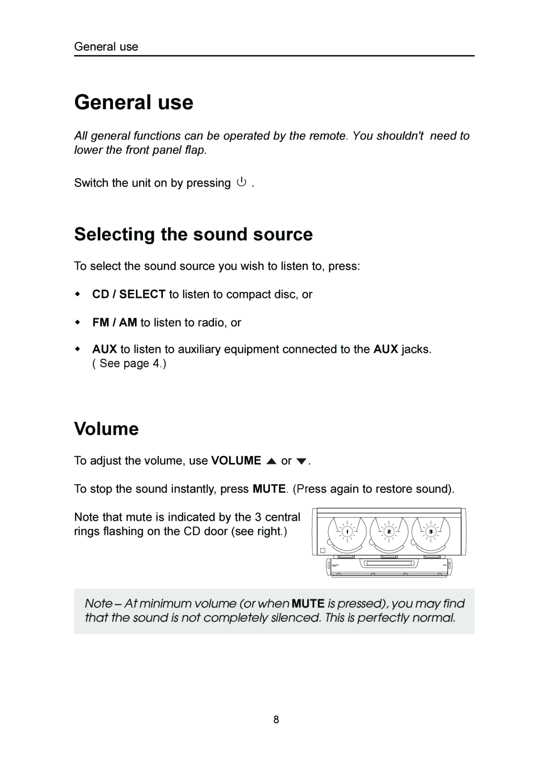 Emerson MS3100 owner manual General use, Selecting the sound source, Volume 