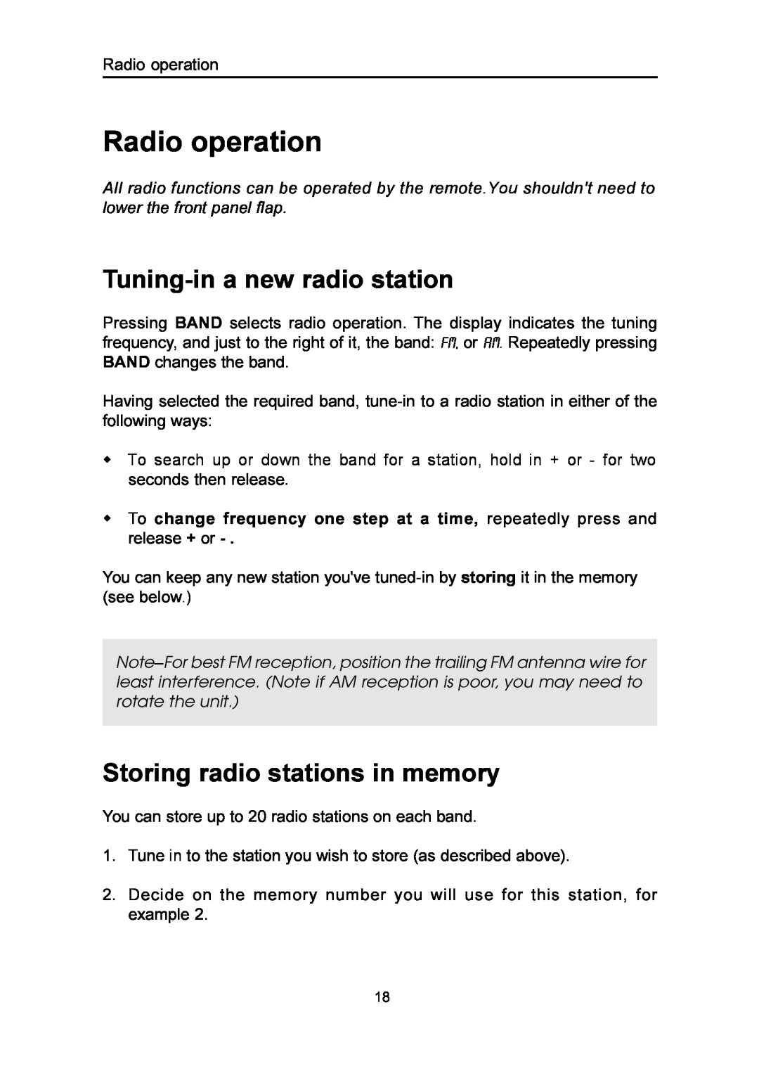 Emerson MS3100 owner manual Radio operation, Tuning-ina new radio station, Storing radio stations in memory 