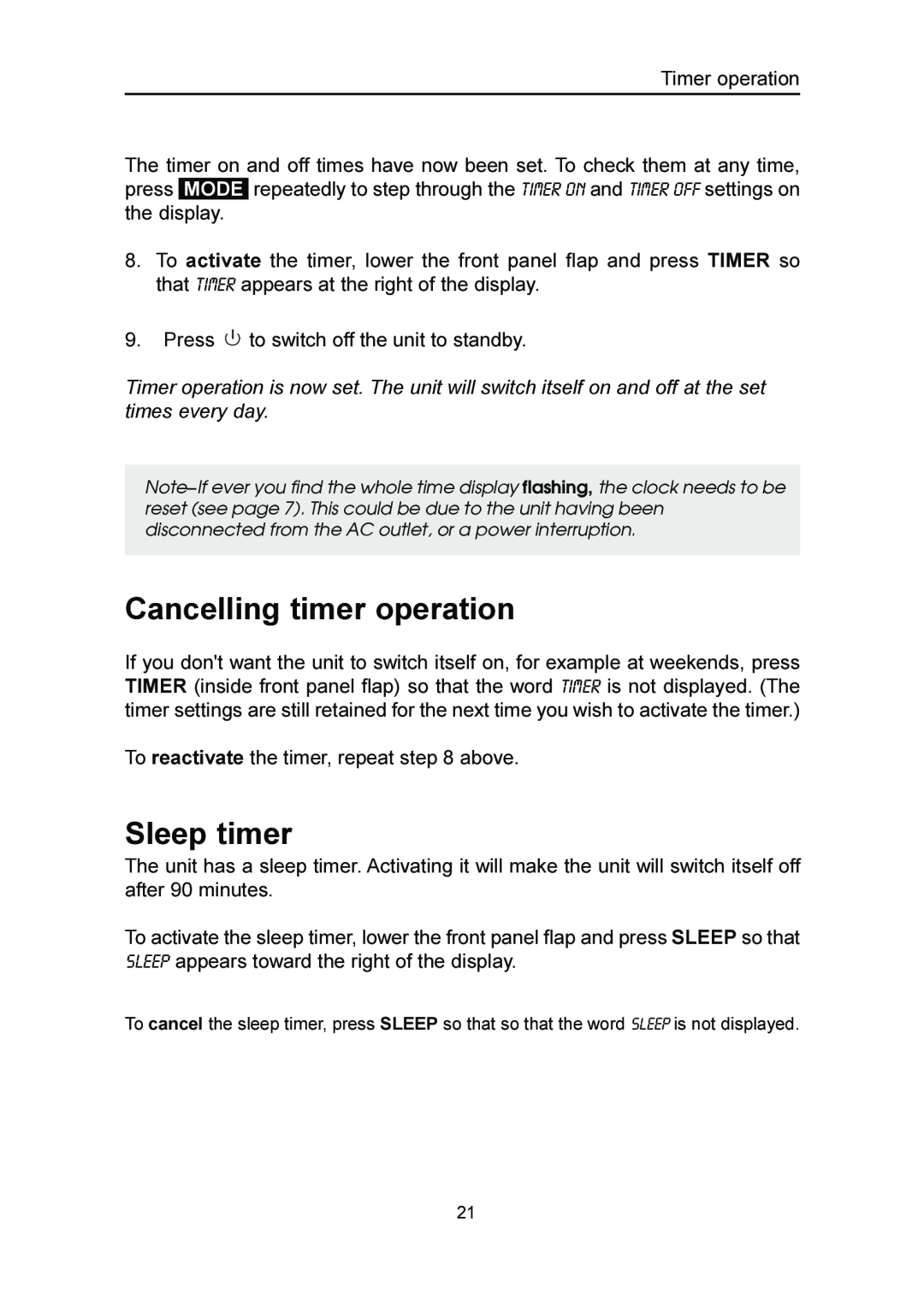 Emerson MS3100 owner manual Cancelling timer operation, Sleep timer 