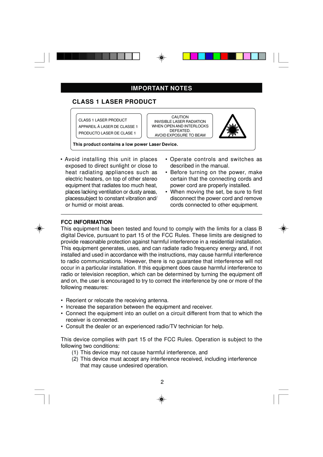 Emerson MS3100 owner manual Important Notes, Fcc Information, CLASS 1 LASER PRODUCT 