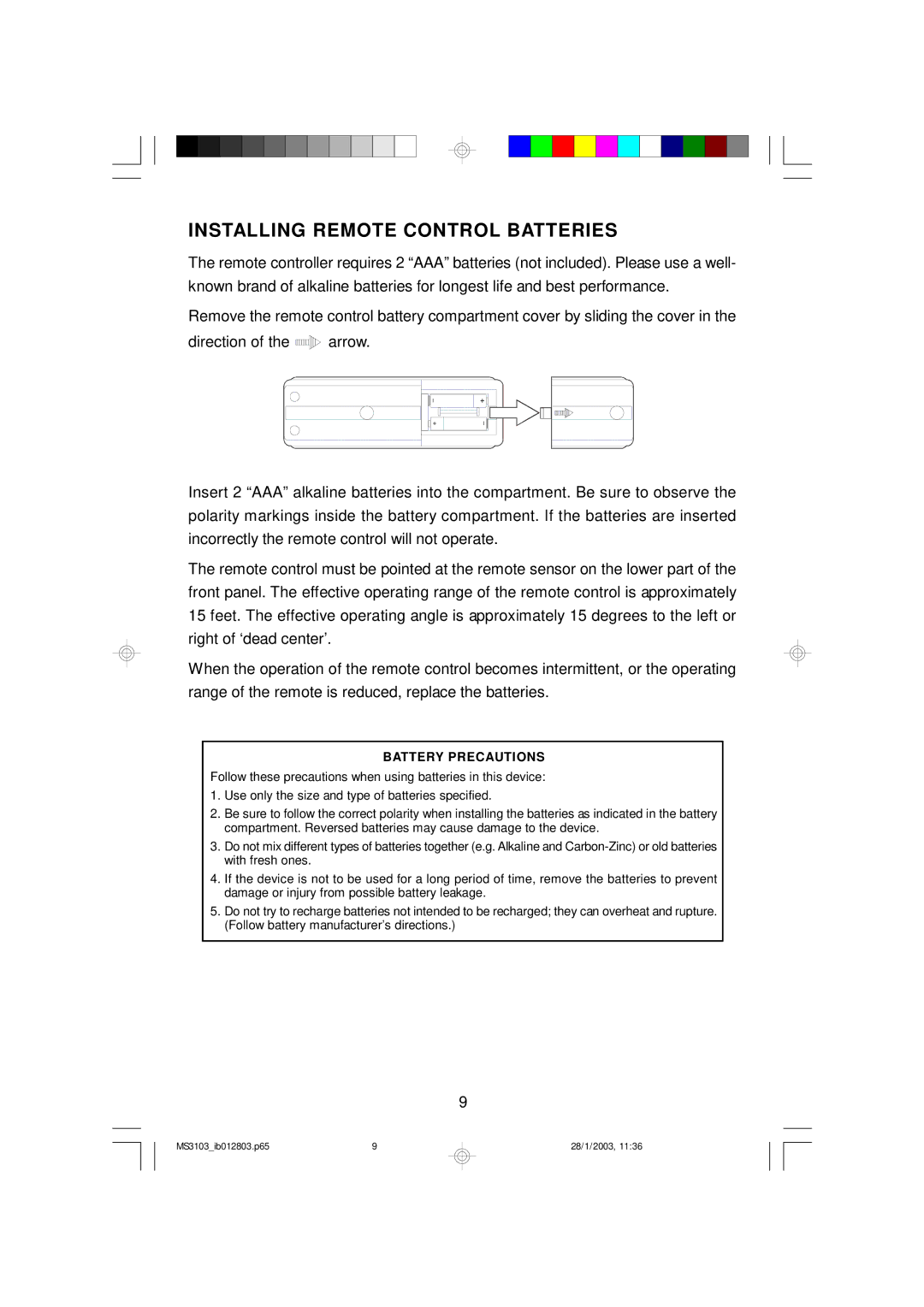 Emerson MS3103 owner manual Installing Remote Control Batteries, Battery Precautions 