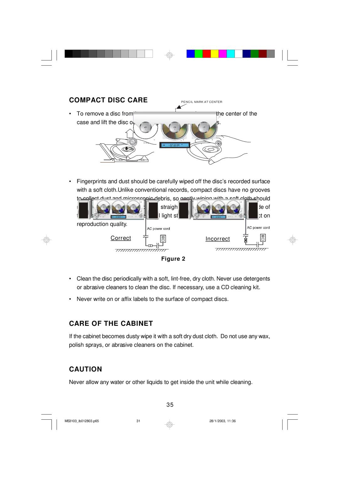 Emerson MS3103 owner manual Care and Maintenance, Compact Disc Care, Care of the Cabinet 