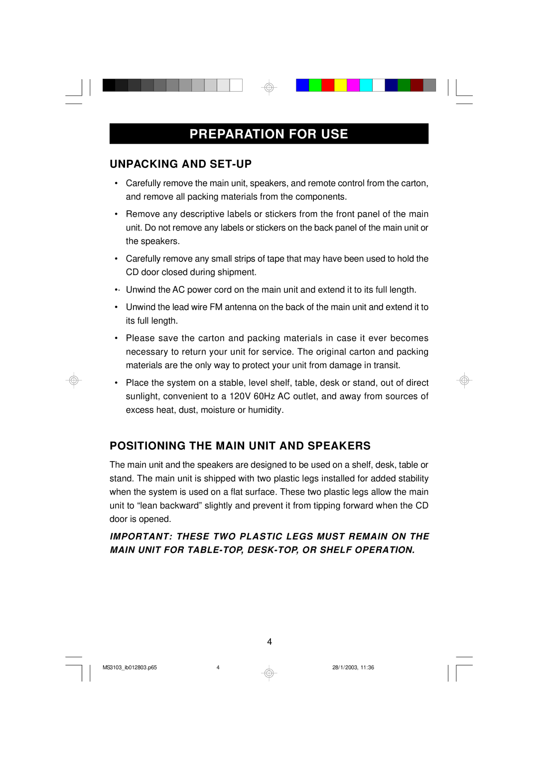 Emerson MS3103 owner manual Preparation for USE, Unpacking and SET-UP, Positioning the Main Unit and Speakers 