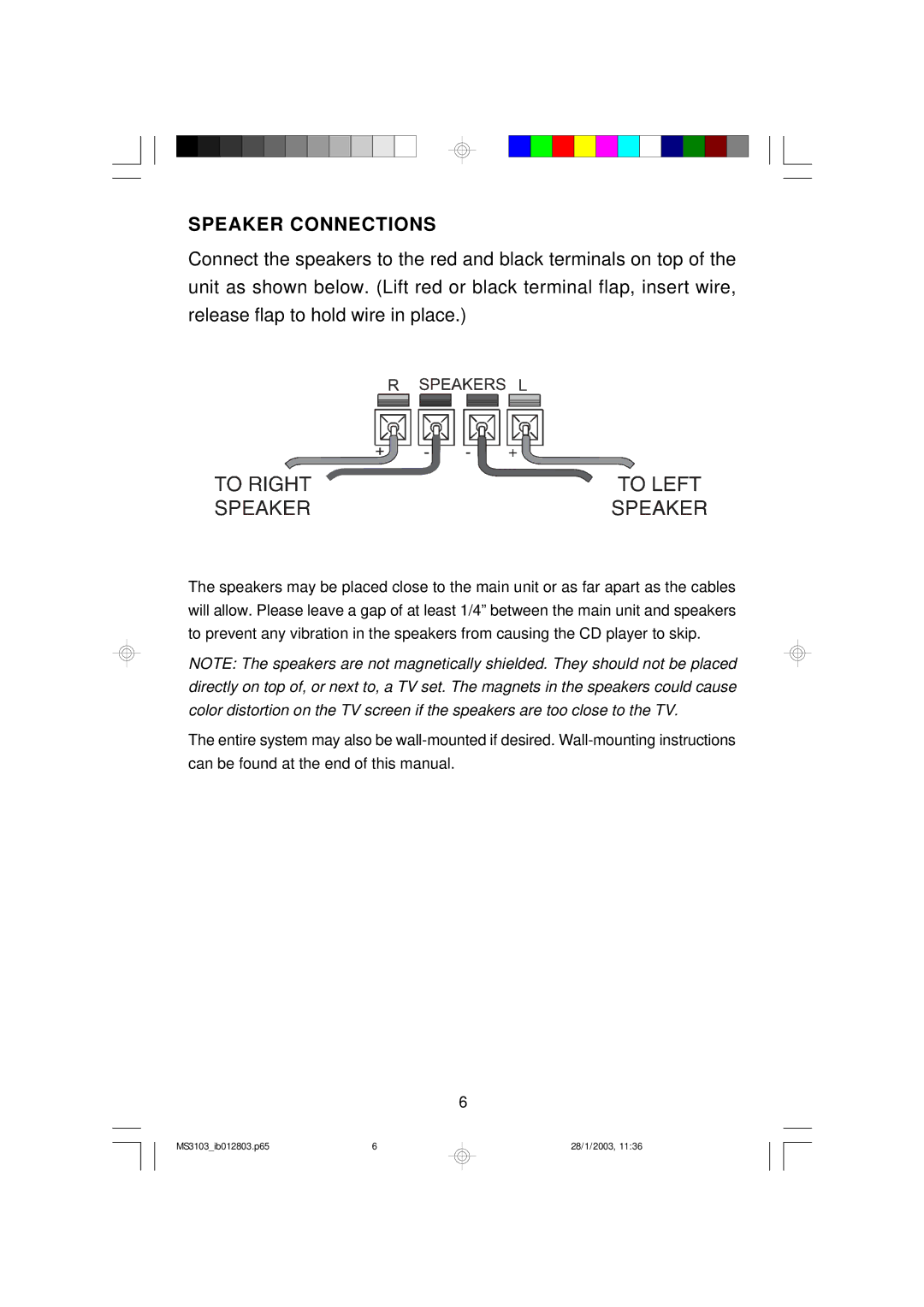 Emerson MS3103 owner manual Speaker Connections 