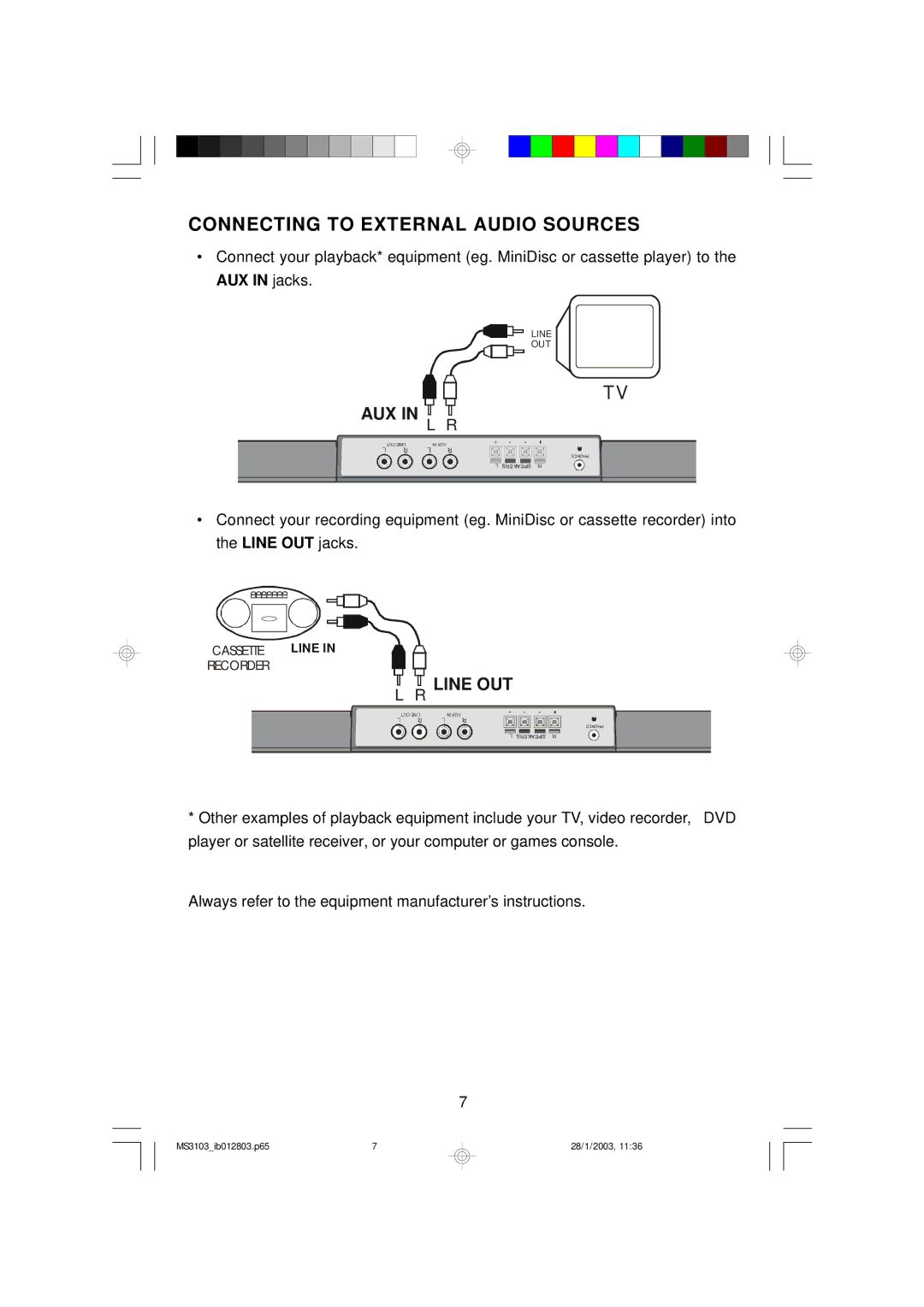 Emerson MS3103 owner manual Connecting to External Audio Sources, Aux 