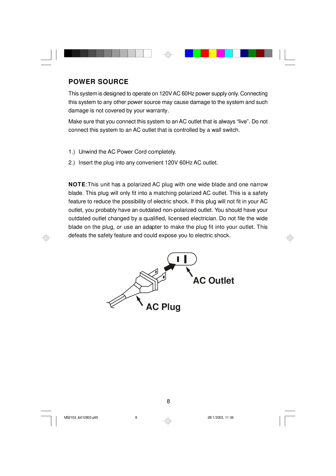 Emerson MS3103 owner manual AC Outlet AC Plug, Power Source 