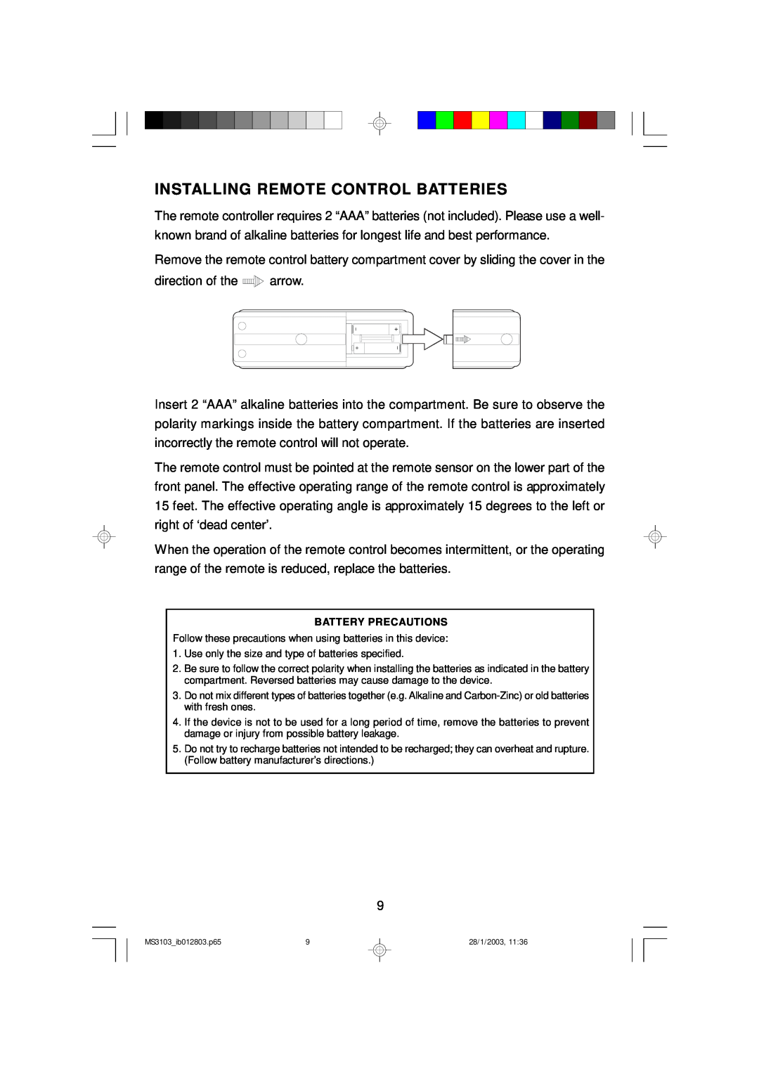 Emerson MS3103 owner manual Installing Remote Control Batteries 
