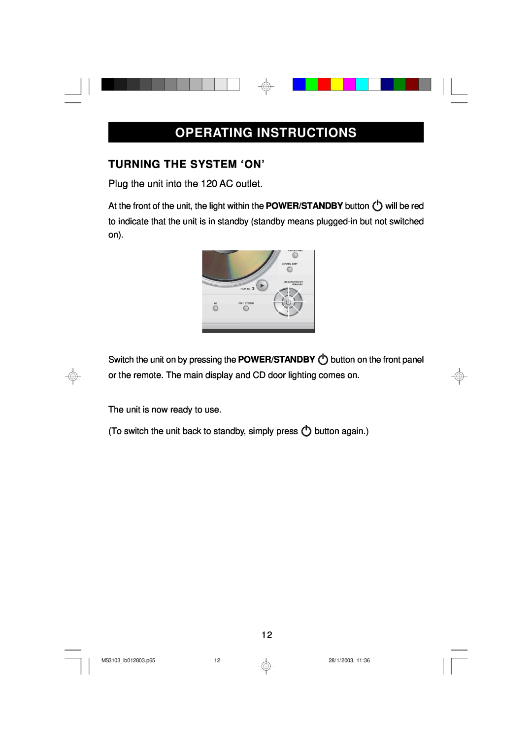 Emerson MS3103 owner manual Operating Instructions, Turning The System ‘On’, Plug the unit into the 120 AC outlet 