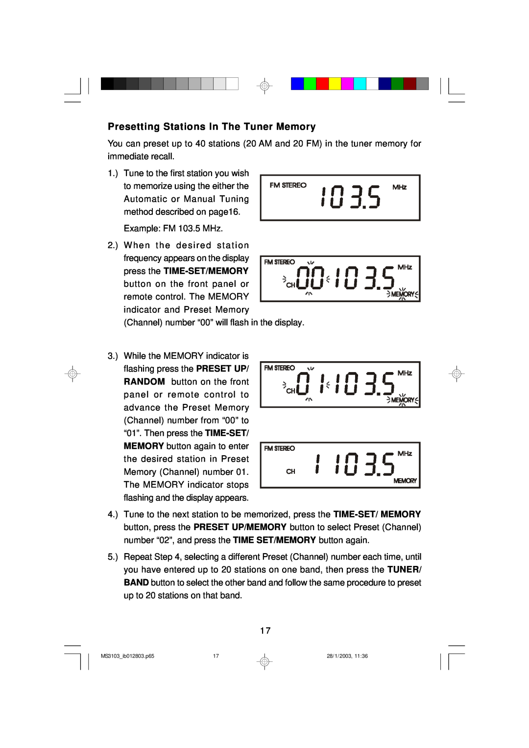 Emerson MS3103 owner manual Presetting Stations In The Tuner Memory 