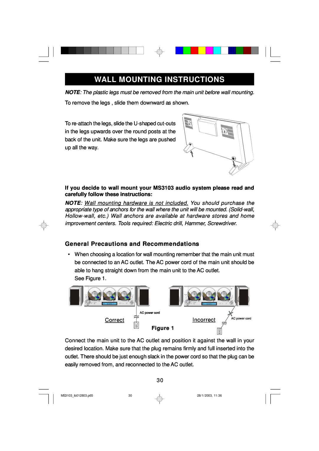 Emerson MS3103 owner manual Wall Mounting Instructions, General Precautions and Recommendations 