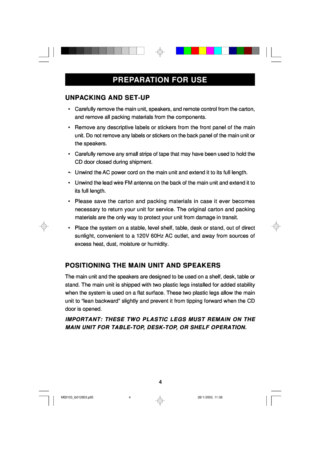 Emerson MS3103 owner manual Preparation For Use, Unpacking And Set-Up, Positioning The Main Unit And Speakers 