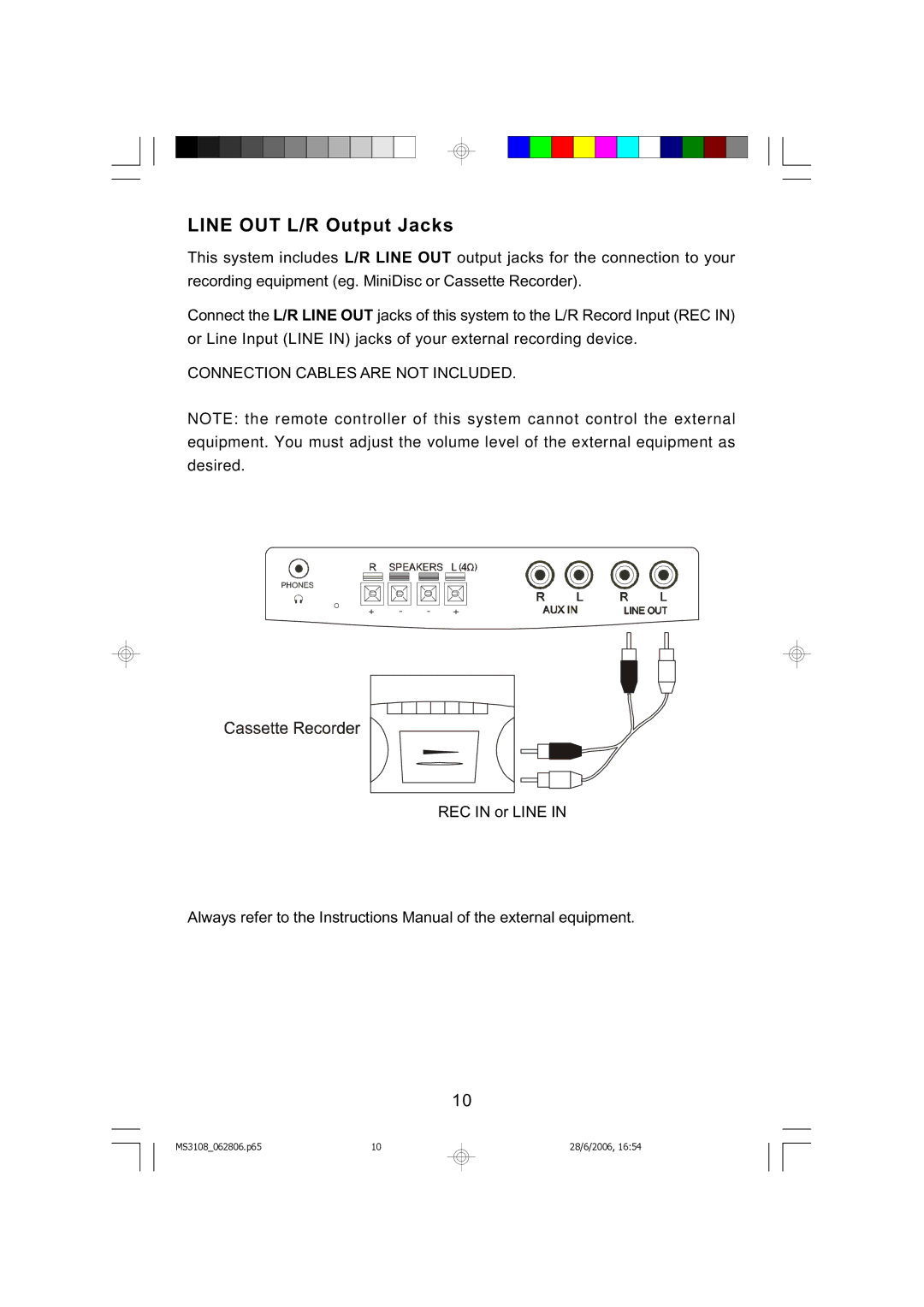 Emerson MS3108C owner manual Line OUT L/R Output Jacks, Connection Cables are not Included 