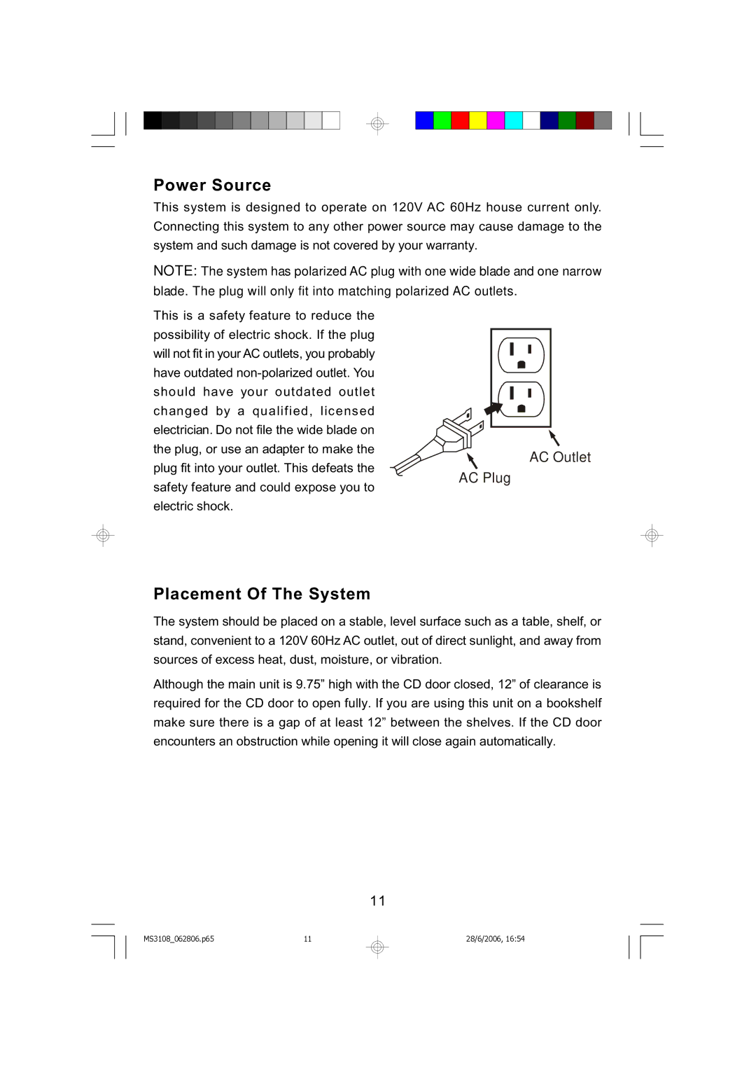 Emerson MS3108C owner manual Power Source 