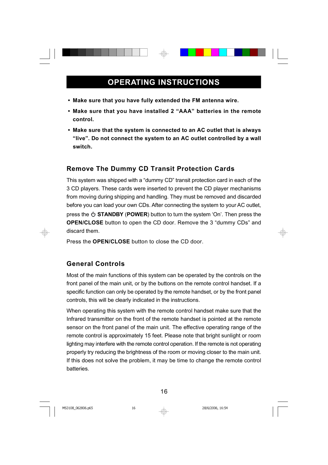 Emerson MS3108C owner manual Remove The Dummy CD Transit Protection Cards, General Controls 