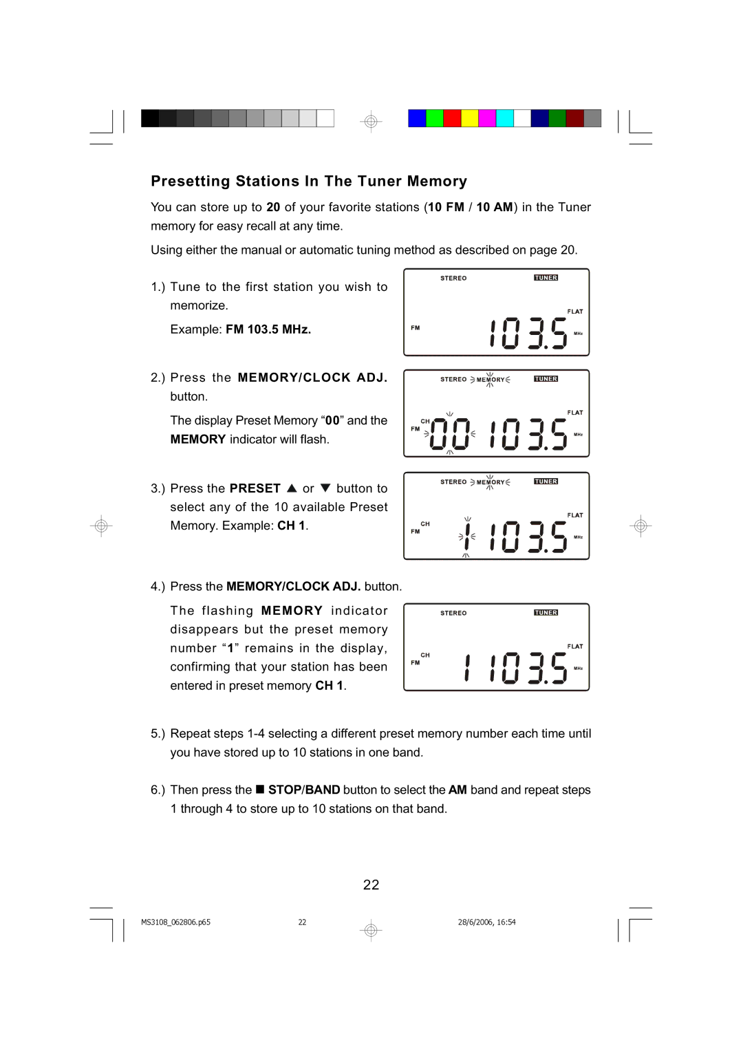 Emerson MS3108C owner manual Presetting Stations In The Tuner Memory, Example FM 103.5 MHz Press the MEMORY/CLOCK ADJ 