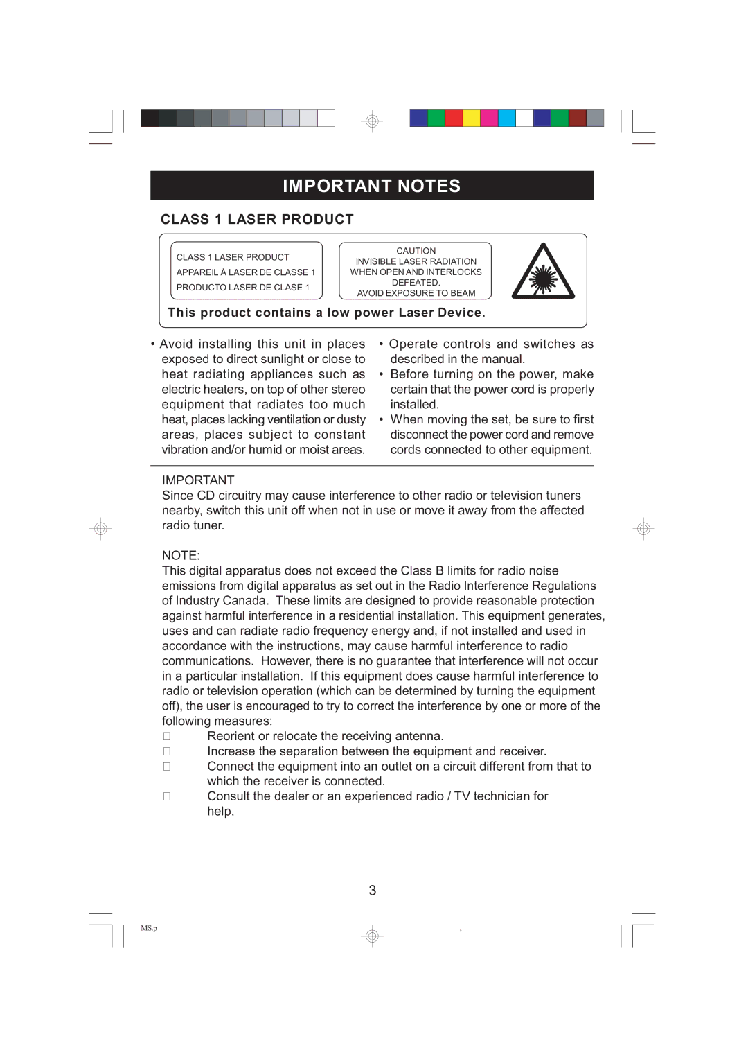 Emerson MS3108C owner manual Important Notes, This product contains a low power Laser Device 