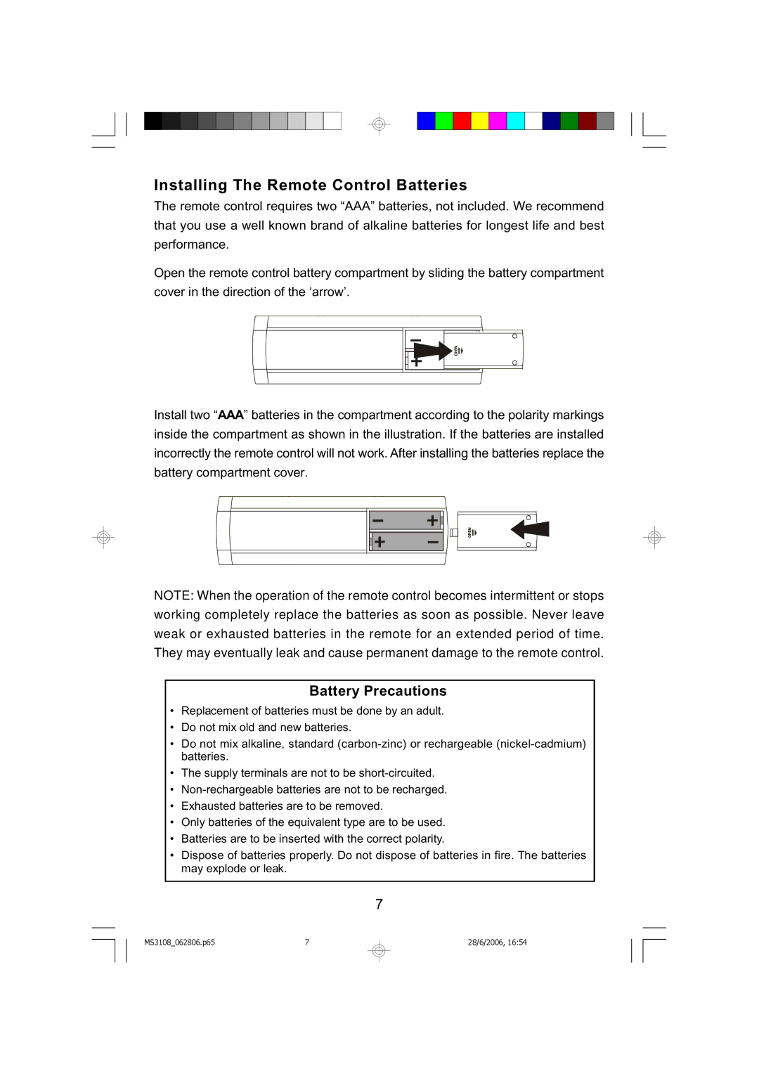 Emerson MS3108C owner manual Installing The Remote Control Batteries, Battery Precautions 