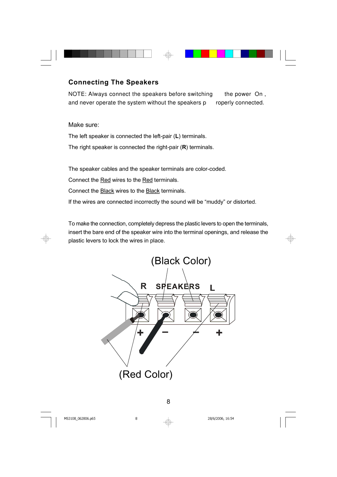 Emerson MS3108C owner manual Connecting The Speakers, Make sure 