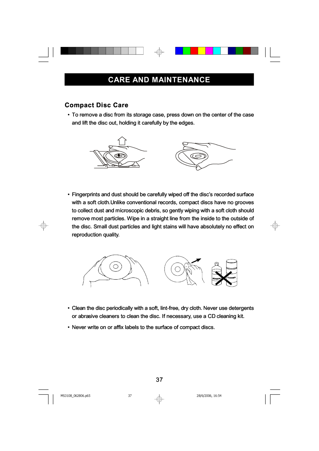 Emerson MS3108C owner manual Care And Maintenance, Compact Disc Care 