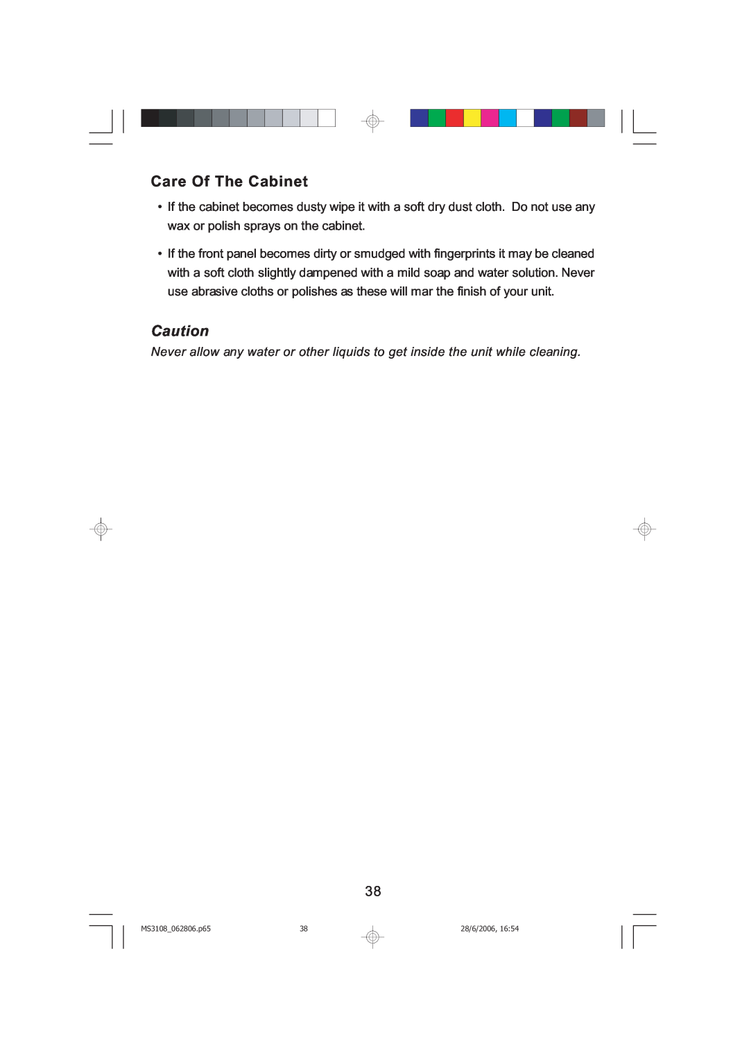 Emerson MS3108C owner manual Care Of The Cabinet, MS3108 062806.p6538, 28/6/2006 