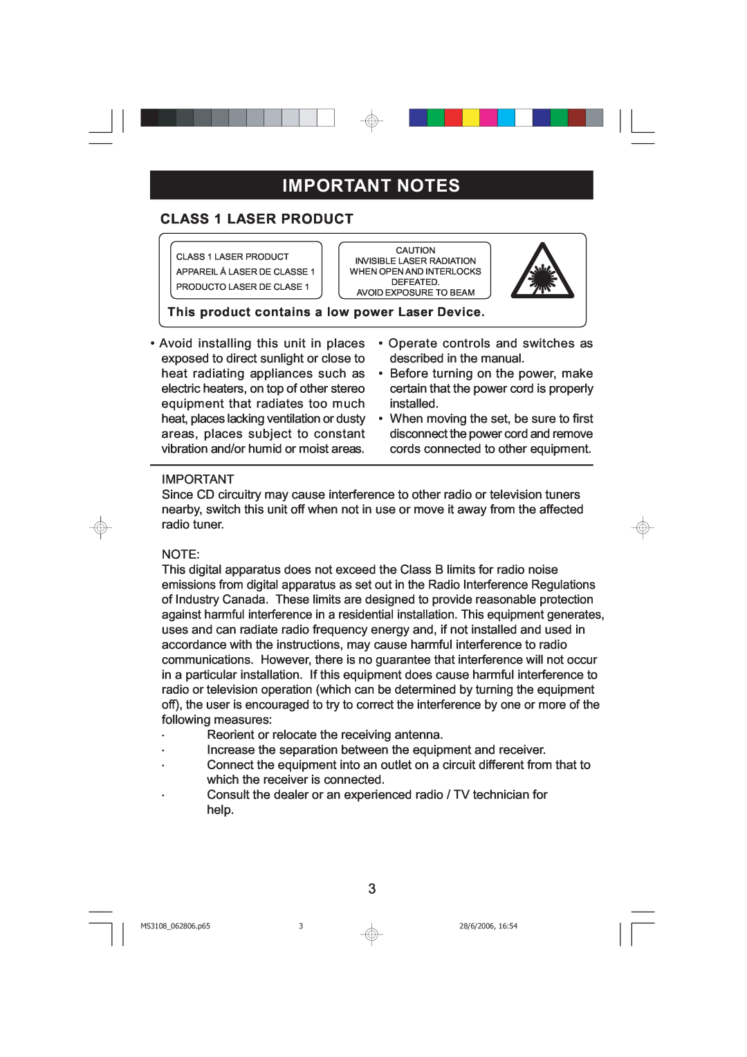Emerson MS3108C owner manual Important Notes, CLASS 1 LASER PRODUCT 
