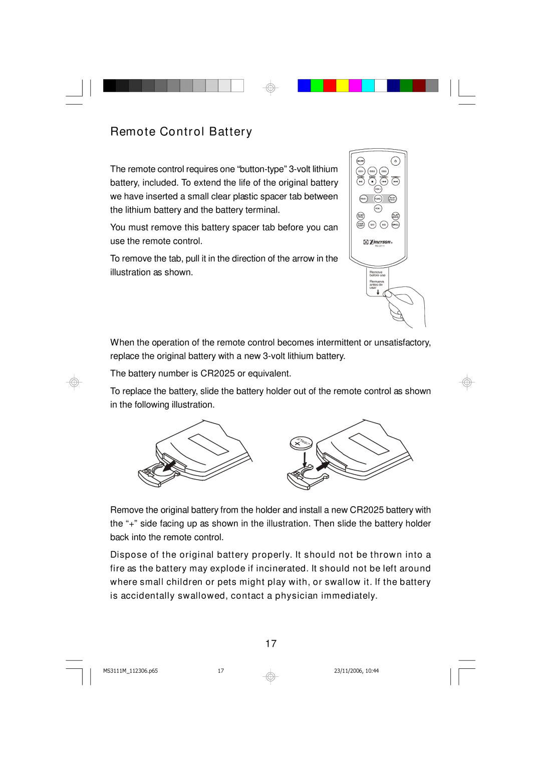 Emerson MS3111M owner manual Remote Control Battery 