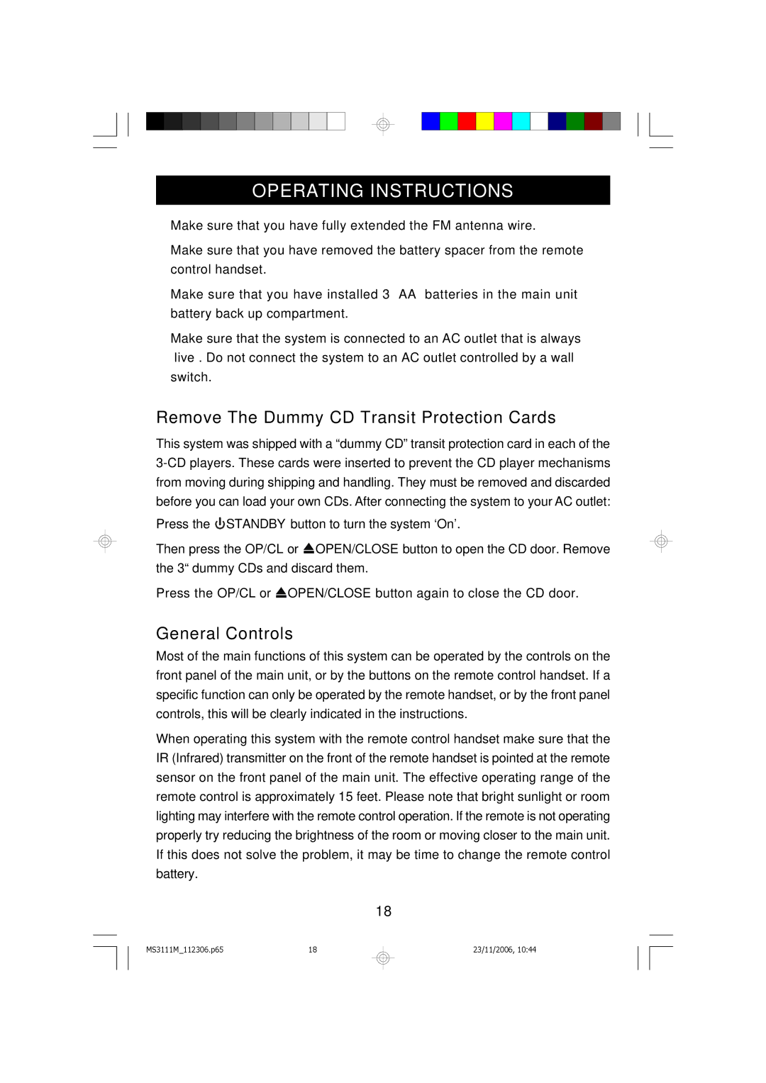 Emerson MS3111M owner manual Remove The Dummy CD Transit Protection Cards, General Controls 