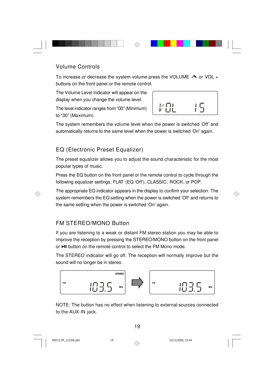 Emerson MS3111M owner manual Volume Controls, EQ Electronic Preset Equalizer, FM STEREO/MONO Button 