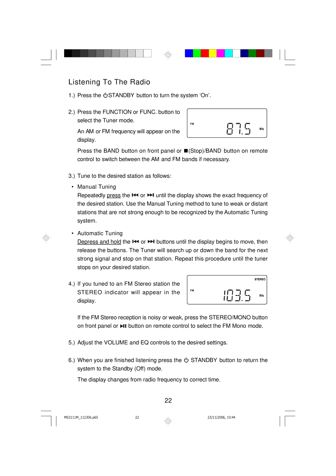 Emerson MS3111M owner manual Listening To The Radio, Manual Tuning 