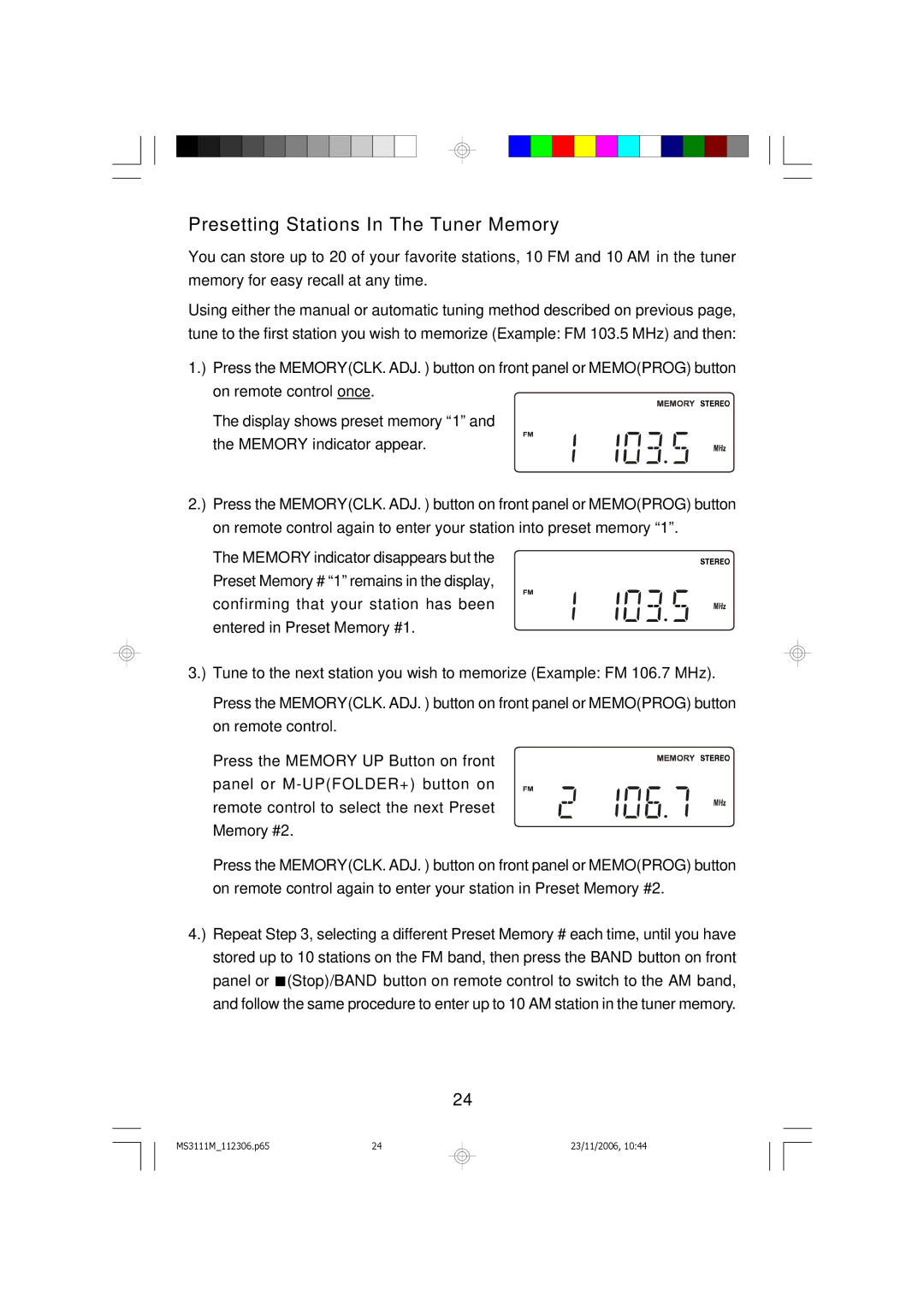 Emerson MS3111M owner manual Presetting Stations In The Tuner Memory 