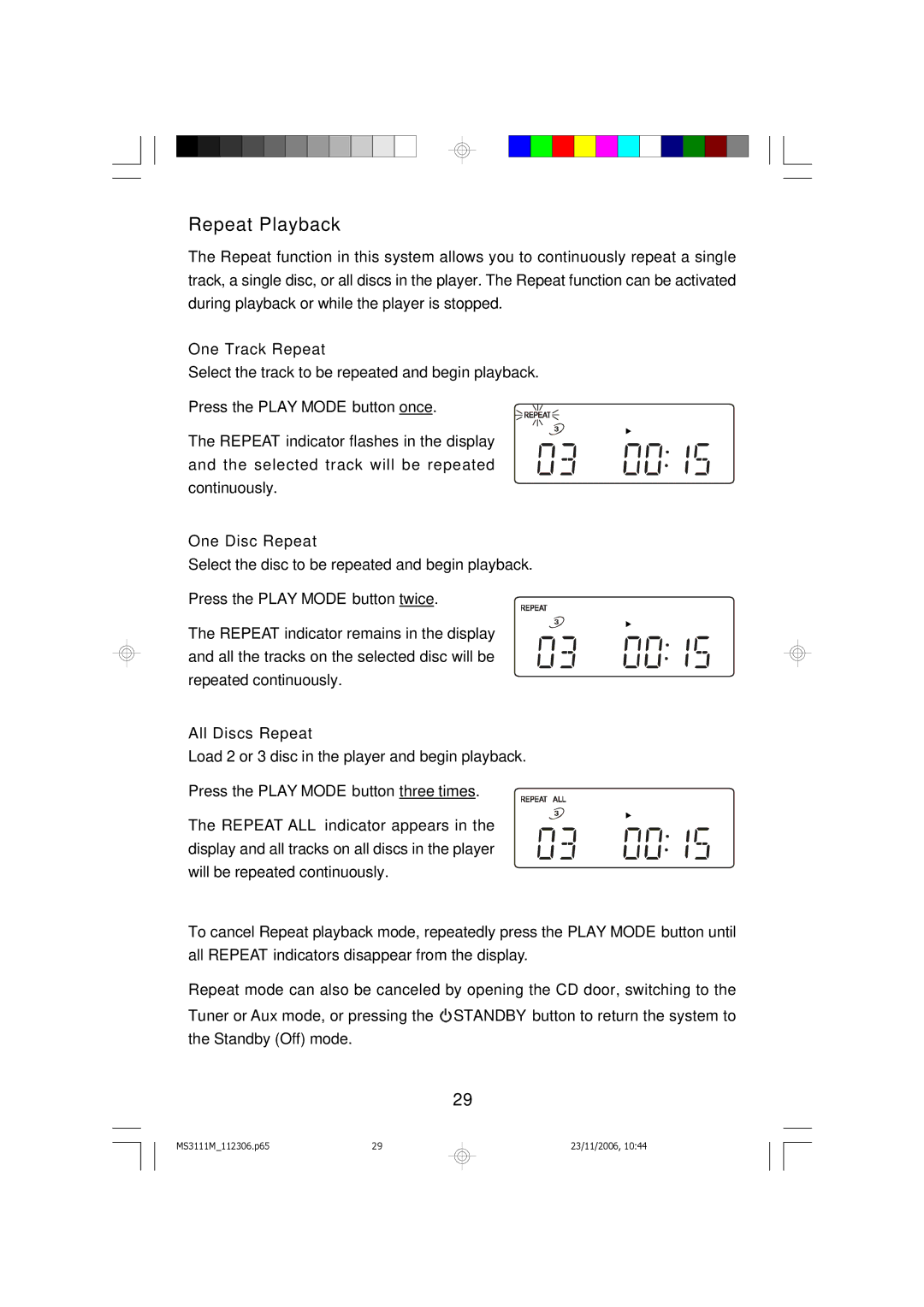 Emerson MS3111M owner manual Repeat Playback, One Track Repeat 