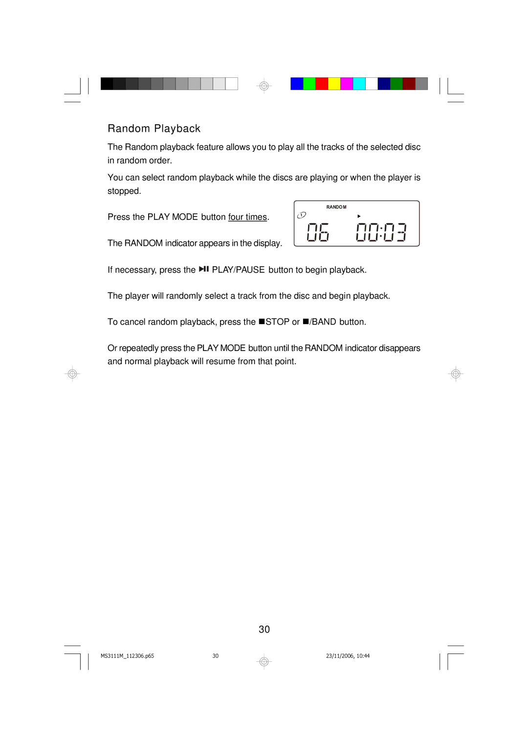 Emerson MS3111M owner manual Random Playback 