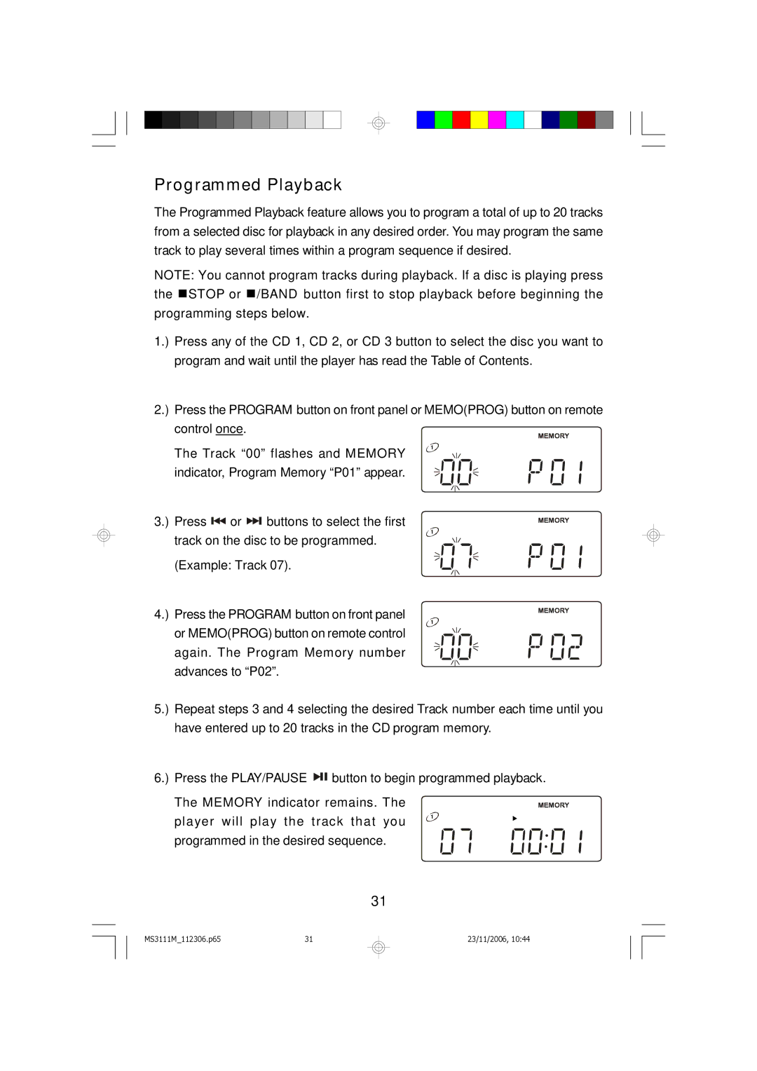 Emerson MS3111M owner manual Programmed Playback 