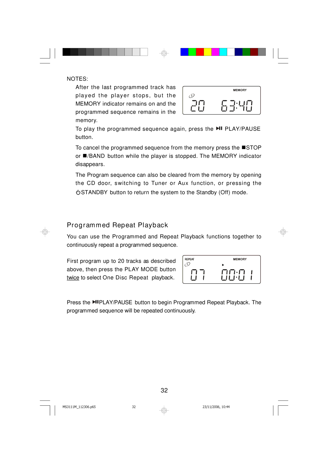 Emerson MS3111M owner manual Programmed Repeat Playback, Play/Pause 